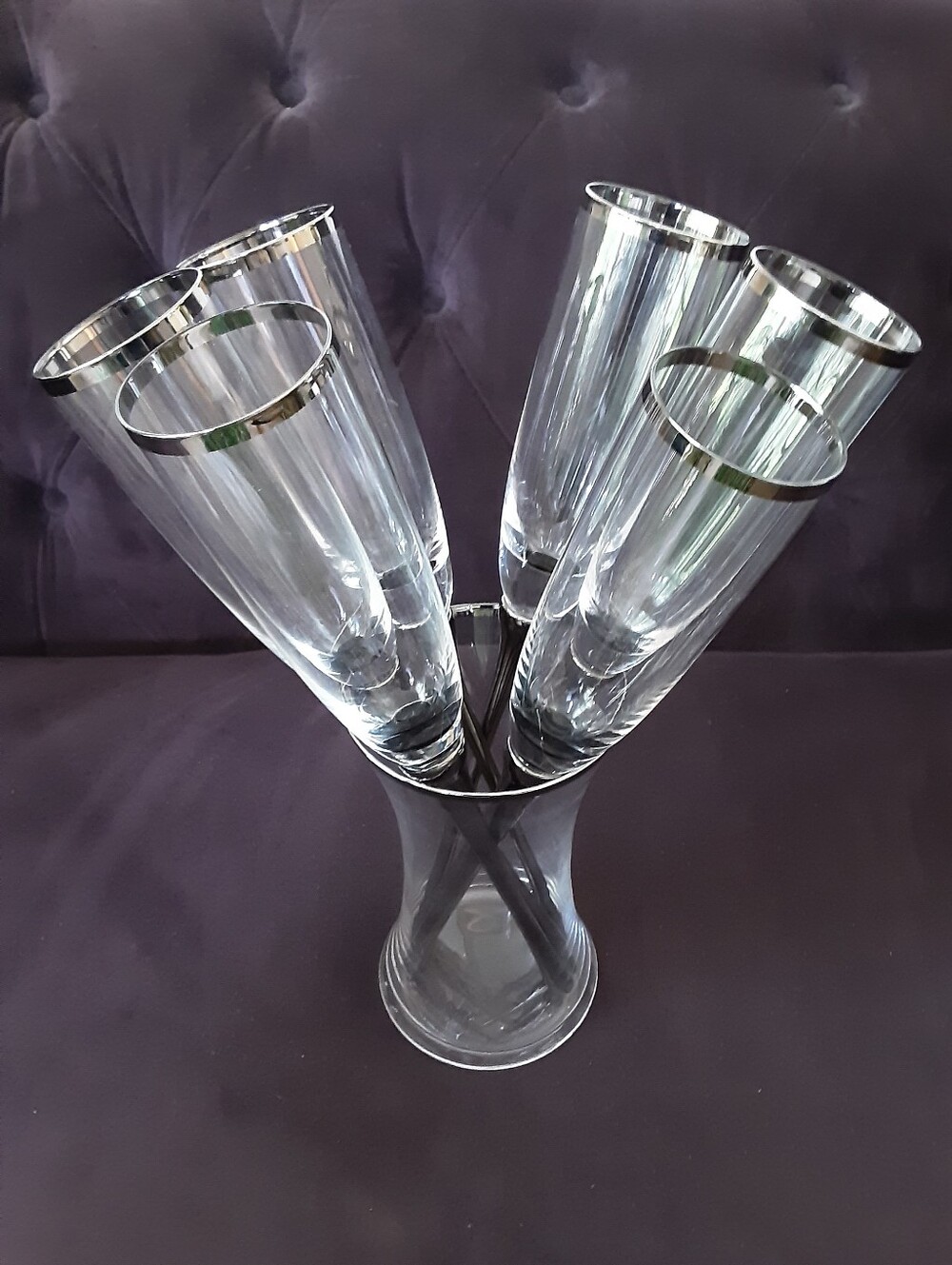Z-Galleries Champagne Toasting Flutes Silver-Rim Clear Glass Bouquet Set
